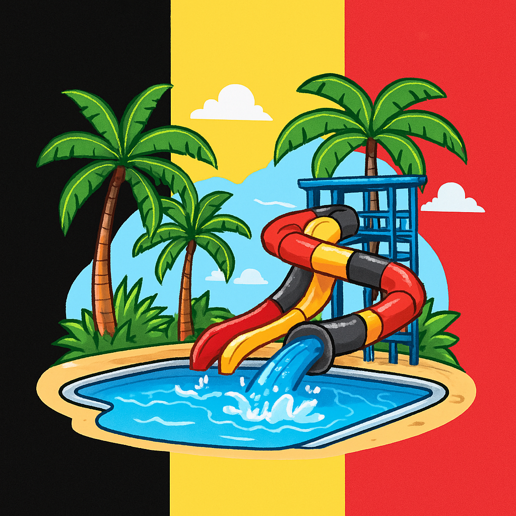 Digitale illustratie van de Belgische vlag met waterpark thema, met tropische elementen en waterattracties.