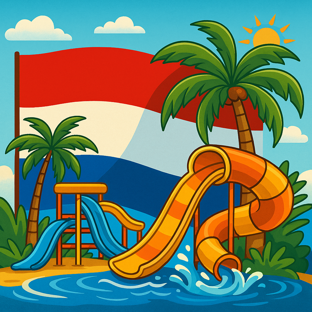 Digitale illustratie van de Nederlandse vlag met waterpark thema, met tropische elementen en waterattracties.