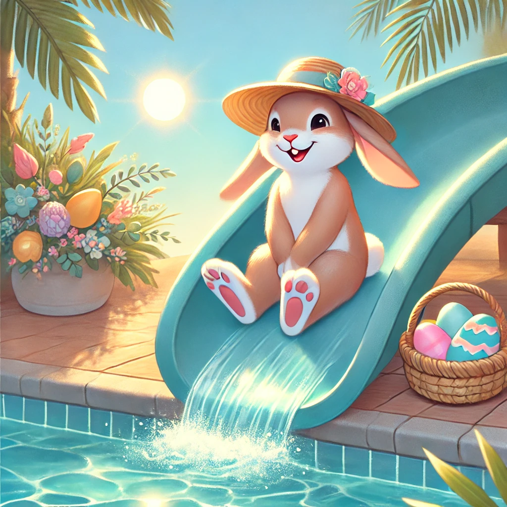 Illustratie van een paashaas die van een waterglijbaan gaat.